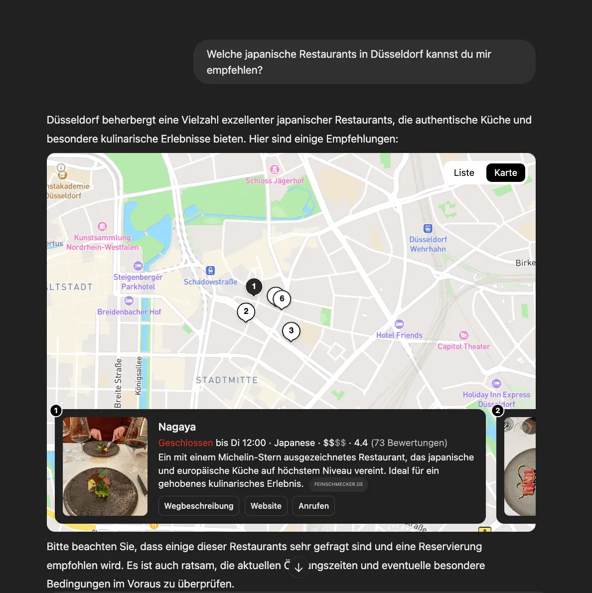 Antwort von ChatGPT auf die Frage nach japanischen Restaurants in Düsseldorf mit Karte und Empfehlungen
