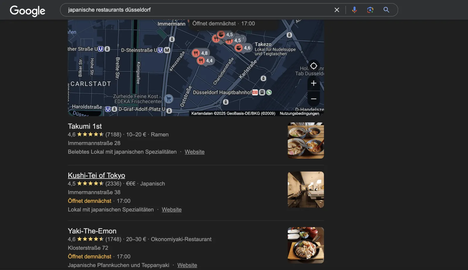Google-Suche nach japanischen Restaurants in Düsseldorf mit Karte und Einträgen aus Google Maps