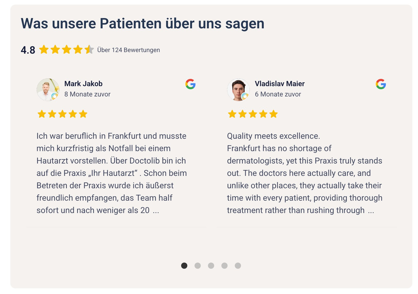 Bereich „Was unsere Patienten über uns sagen“ mit 4,8 Sternen und Google-Bewertungen