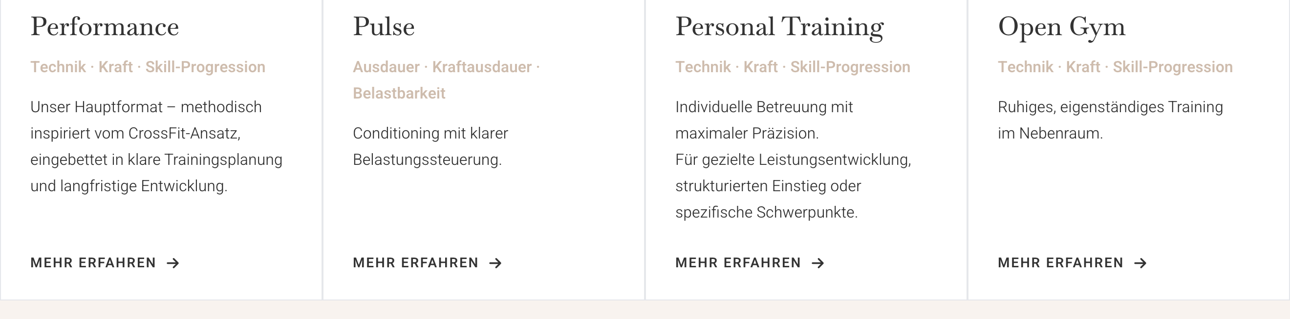 Kacheln der Trainingsformate Performance, Pulse, Personal Training und Open Gym