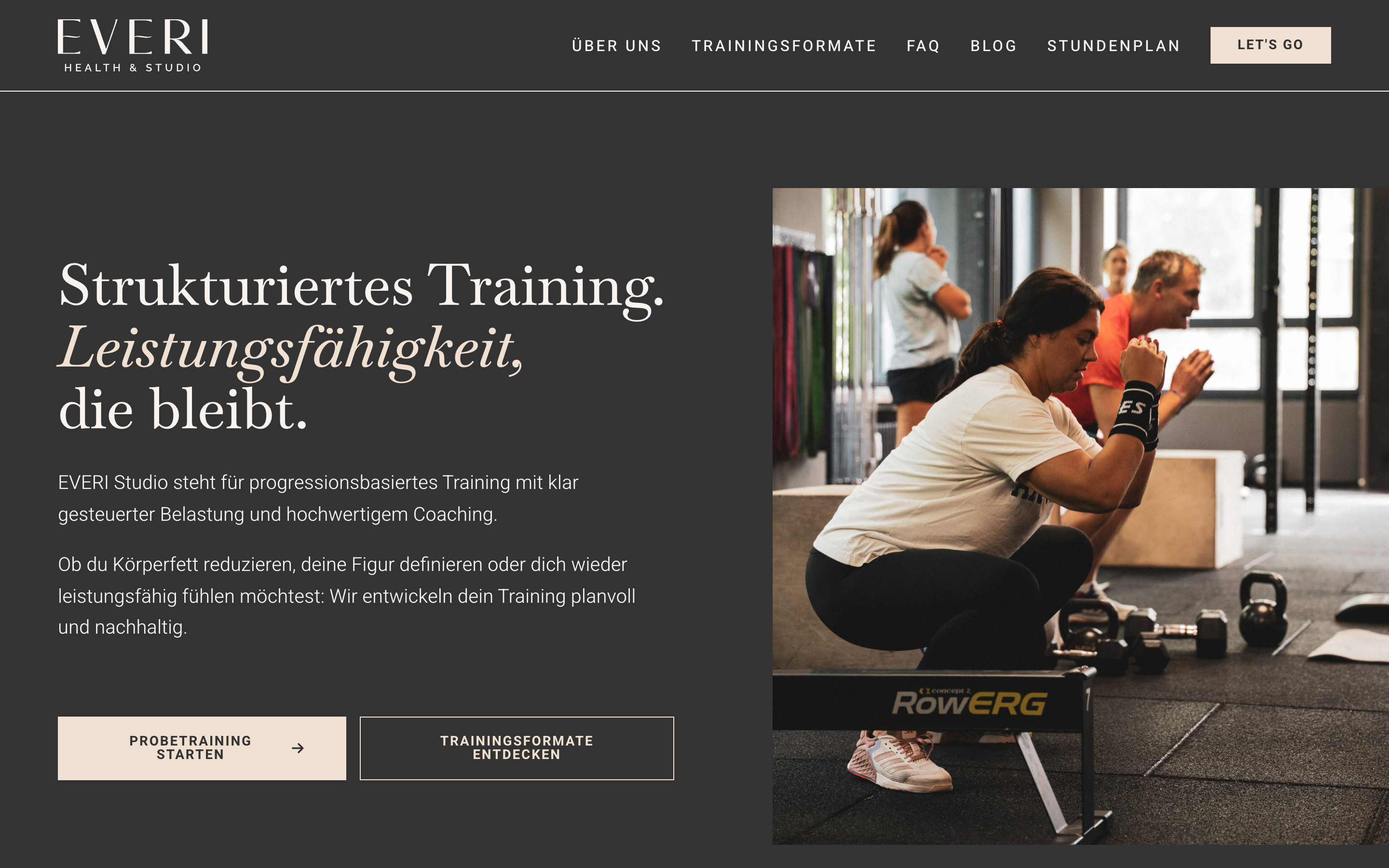 Startseite von everi-studio.de mit der Überschrift „Strukturiertes Training. Leistungsfähigkeit, die bleibt.“