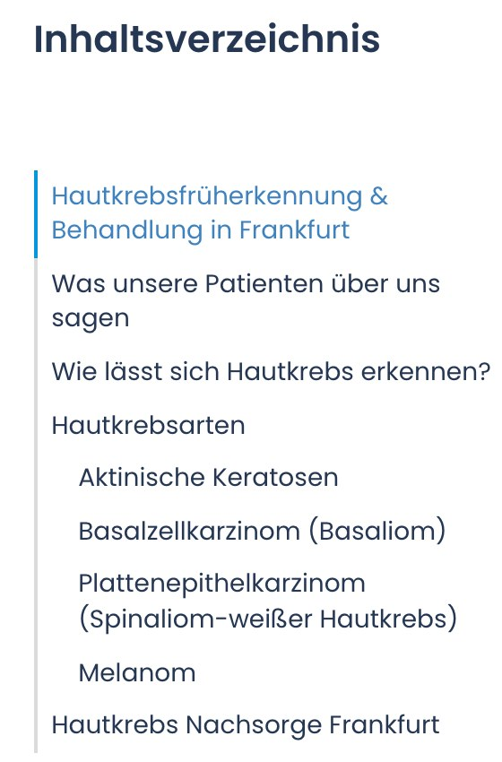 Inhaltsverzeichnis der Seite Hautkrebs