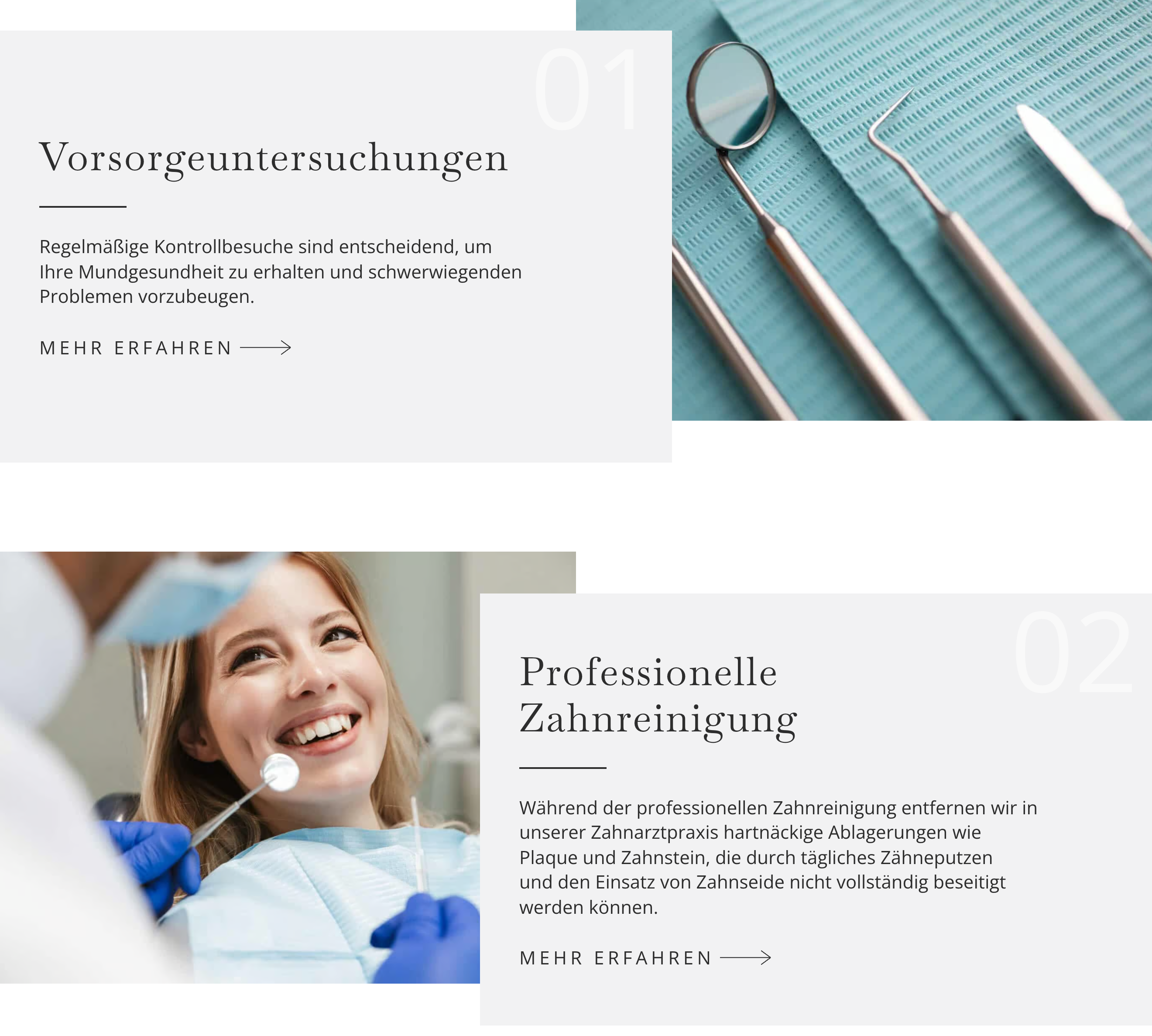 Kacheln der Leistungen Vorsorgeuntersuchungen und Professionelle Zahnreinigung
