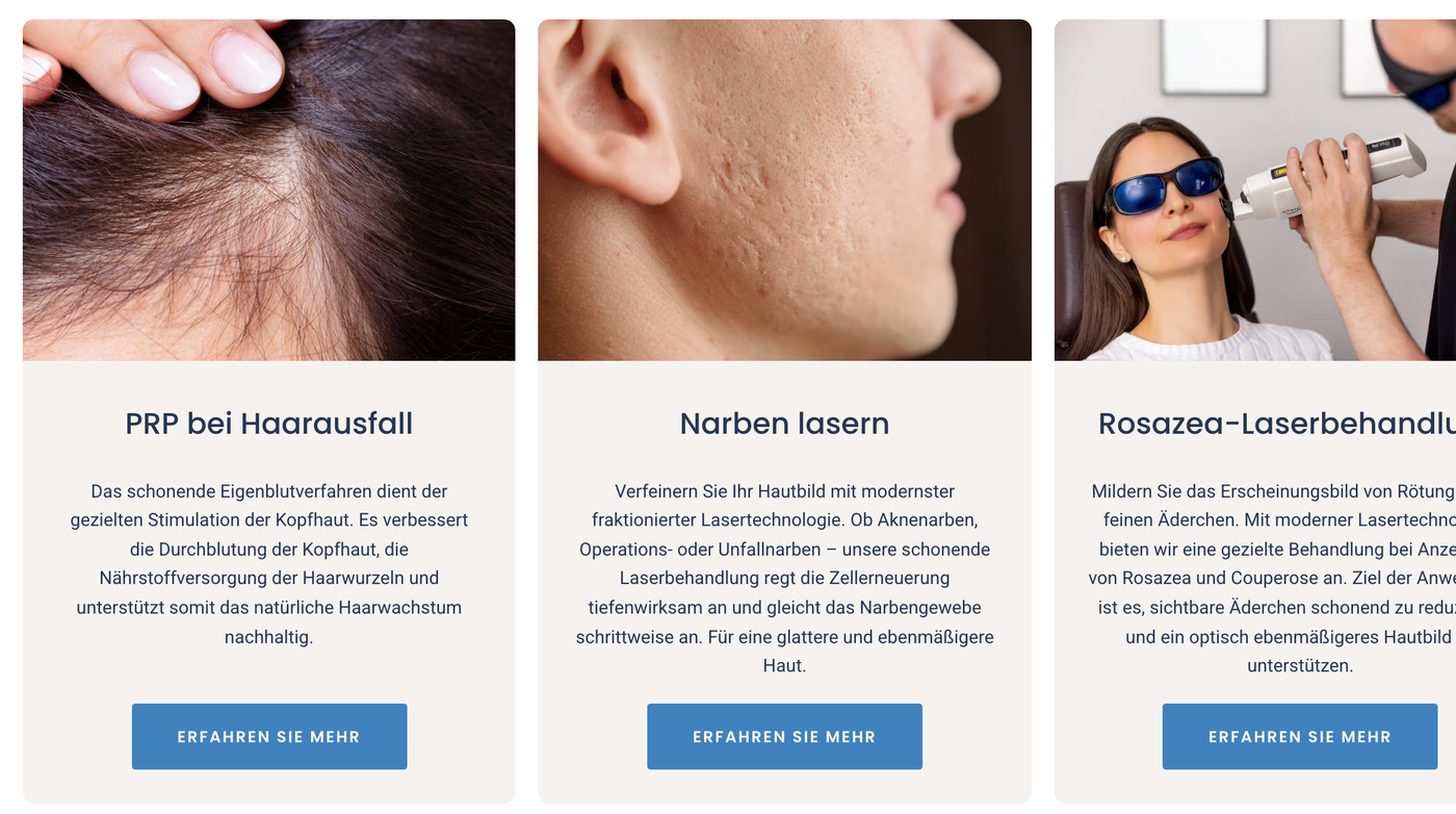 Übersicht der Leistungen mit Kacheln zu PRP bei Haarausfall, Narbenlaser und Rosazea-Laserbehandlung
