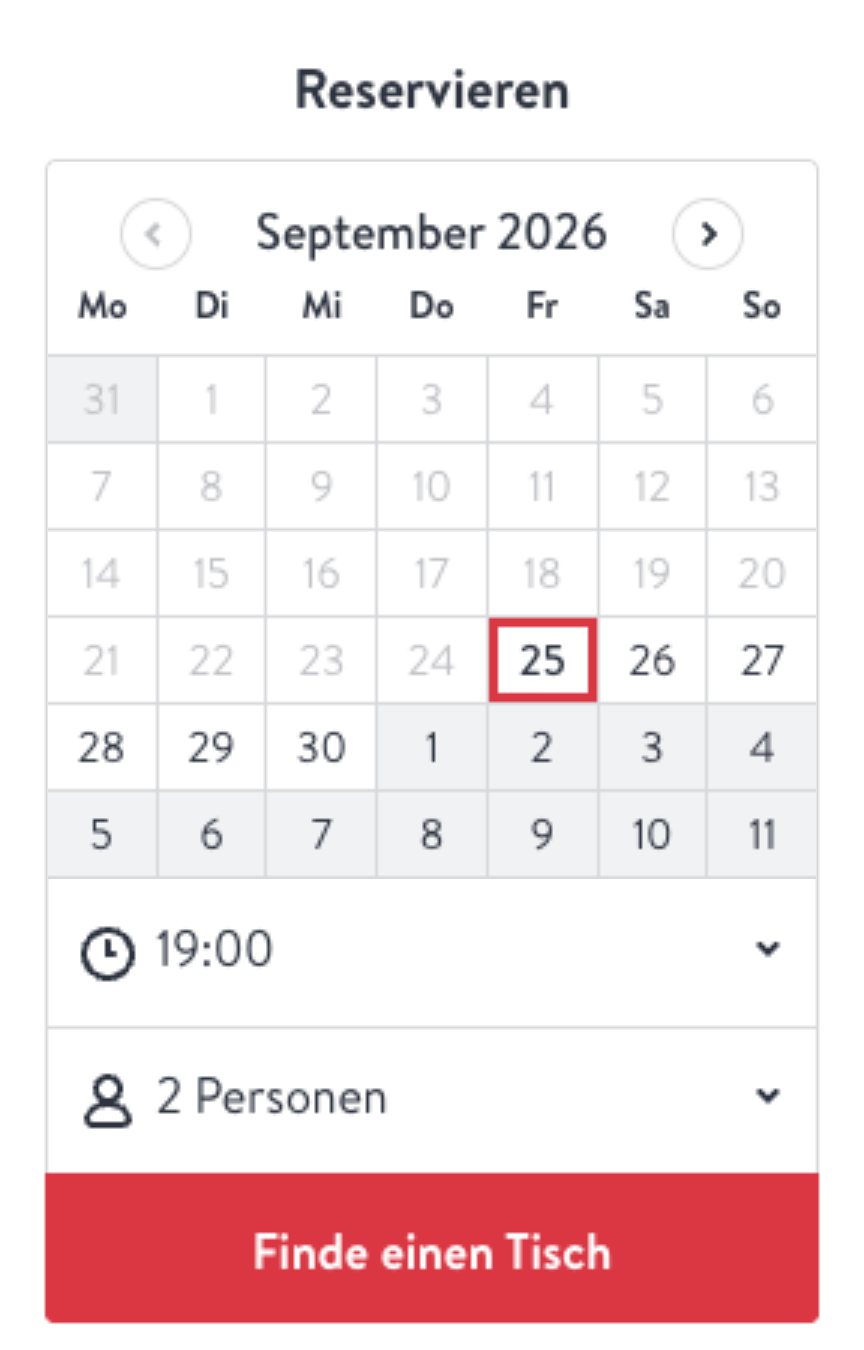 Online-Reservierung mit Kalender, Uhrzeit und Personenzahl