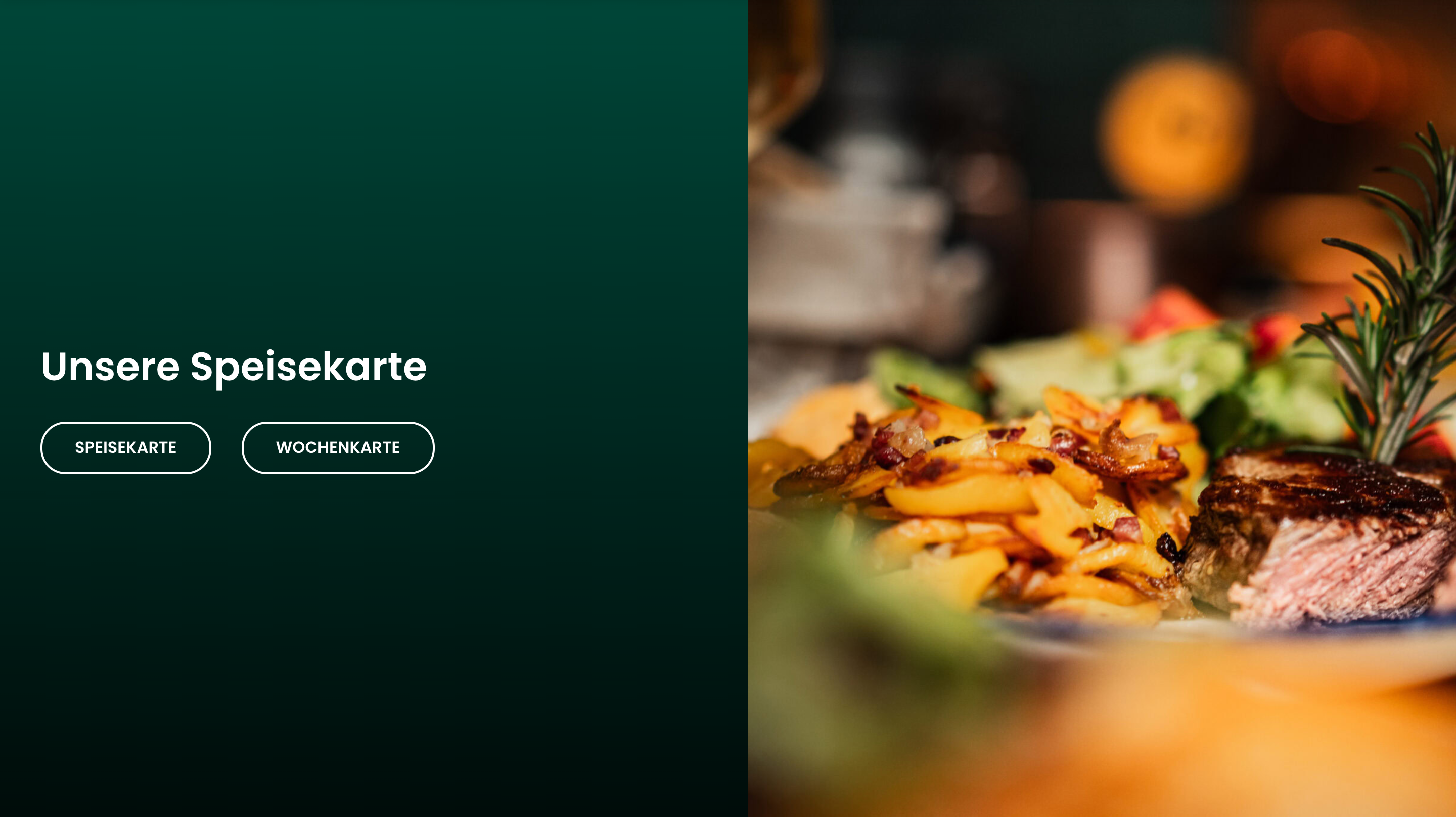 Bereich „Unsere Speisekarte“ mit Buttons für Speisekarte und Wochenkarte
