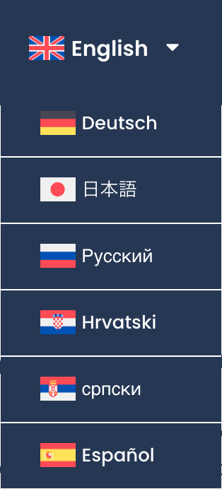 Aufgeklappte Sprachauswahl mit Flaggen: Englisch, Deutsch, Japanisch, Russisch, Kroatisch, Serbisch und Spanisch