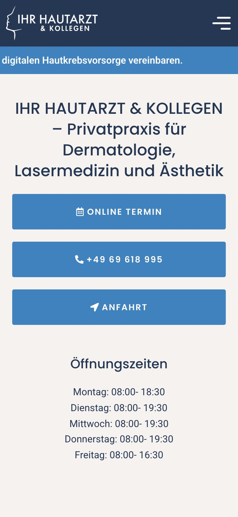 Startseite auf dem Smartphone mit Buttons für Online-Termin, Telefon und Anfahrt