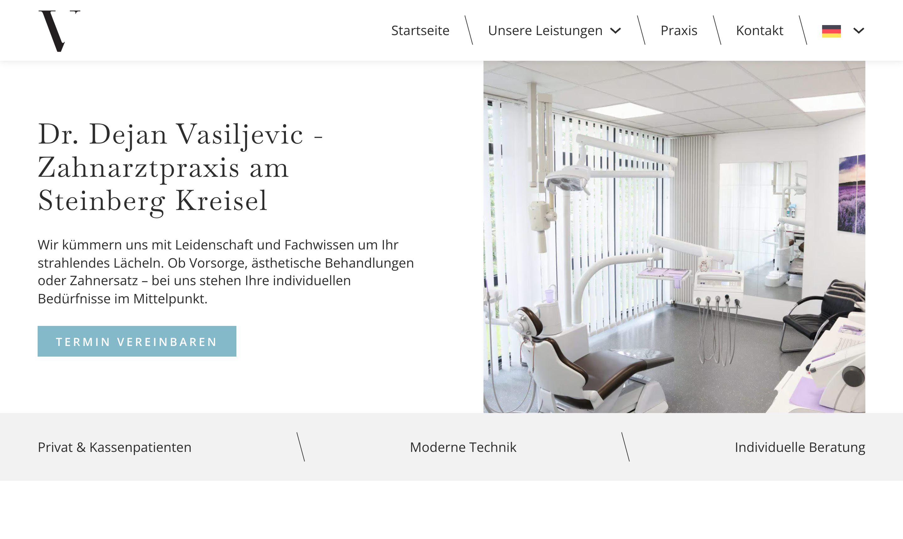 Startseite von zahnarzt-vasiljevic.de mit Logo, Überschrift und Foto des Behandlungsraums