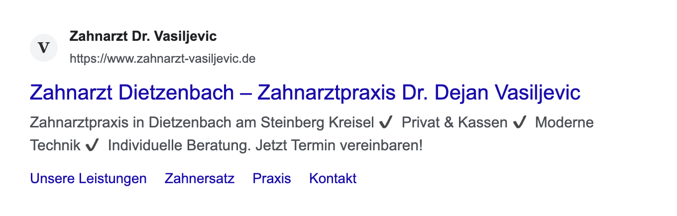 Suchergebnis von zahnarzt-vasiljevic.de bei Google mit Titel und Beschreibung
