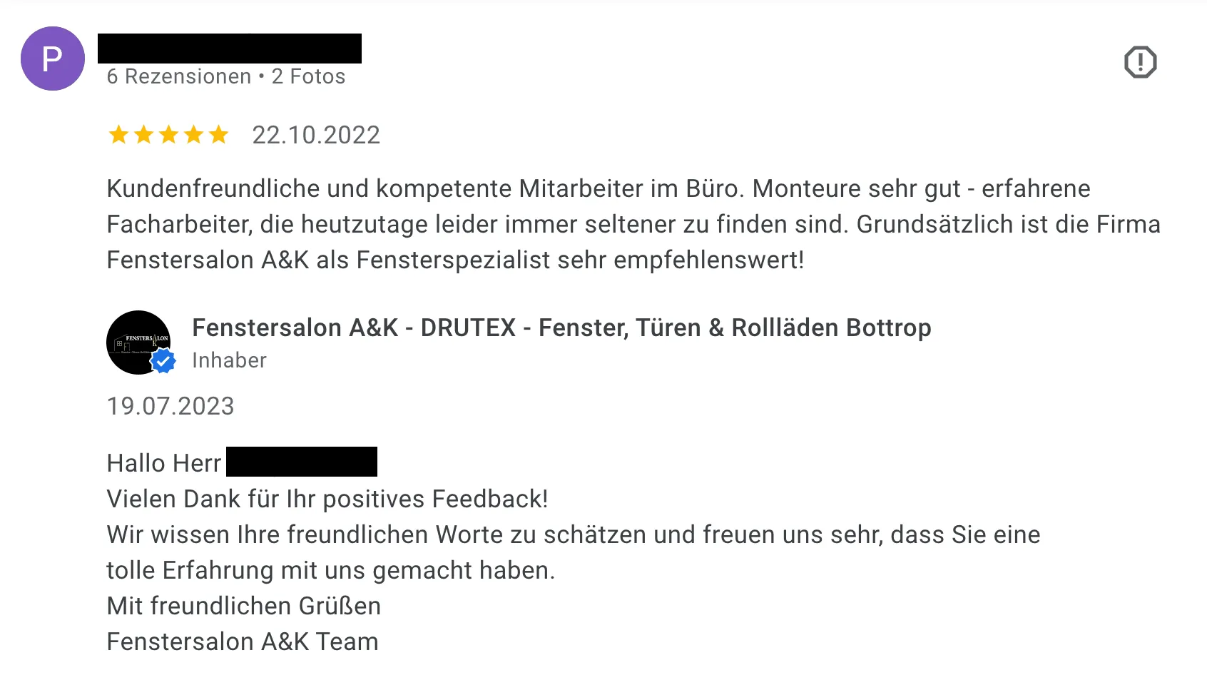 Fünf-Sterne-Bewertung für einen Fensterfachbetrieb mit einer freundlichen Antwort des Inhabers, Namen geschwärzt