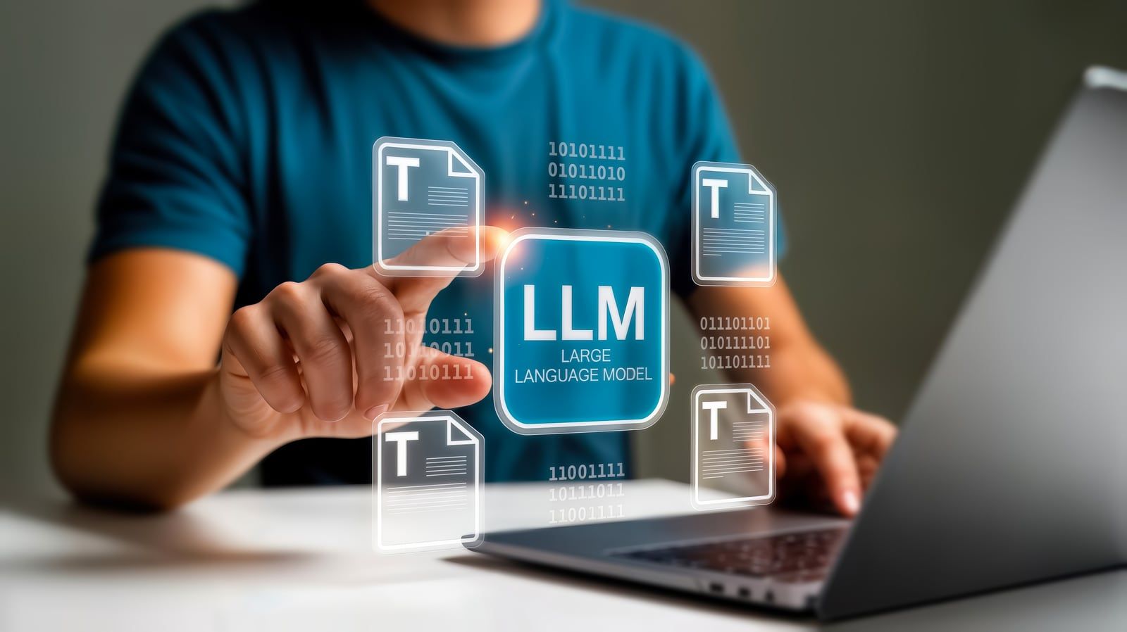Hand tippt auf ein leuchtendes Symbol mit der Aufschrift LLM über einem Laptop
