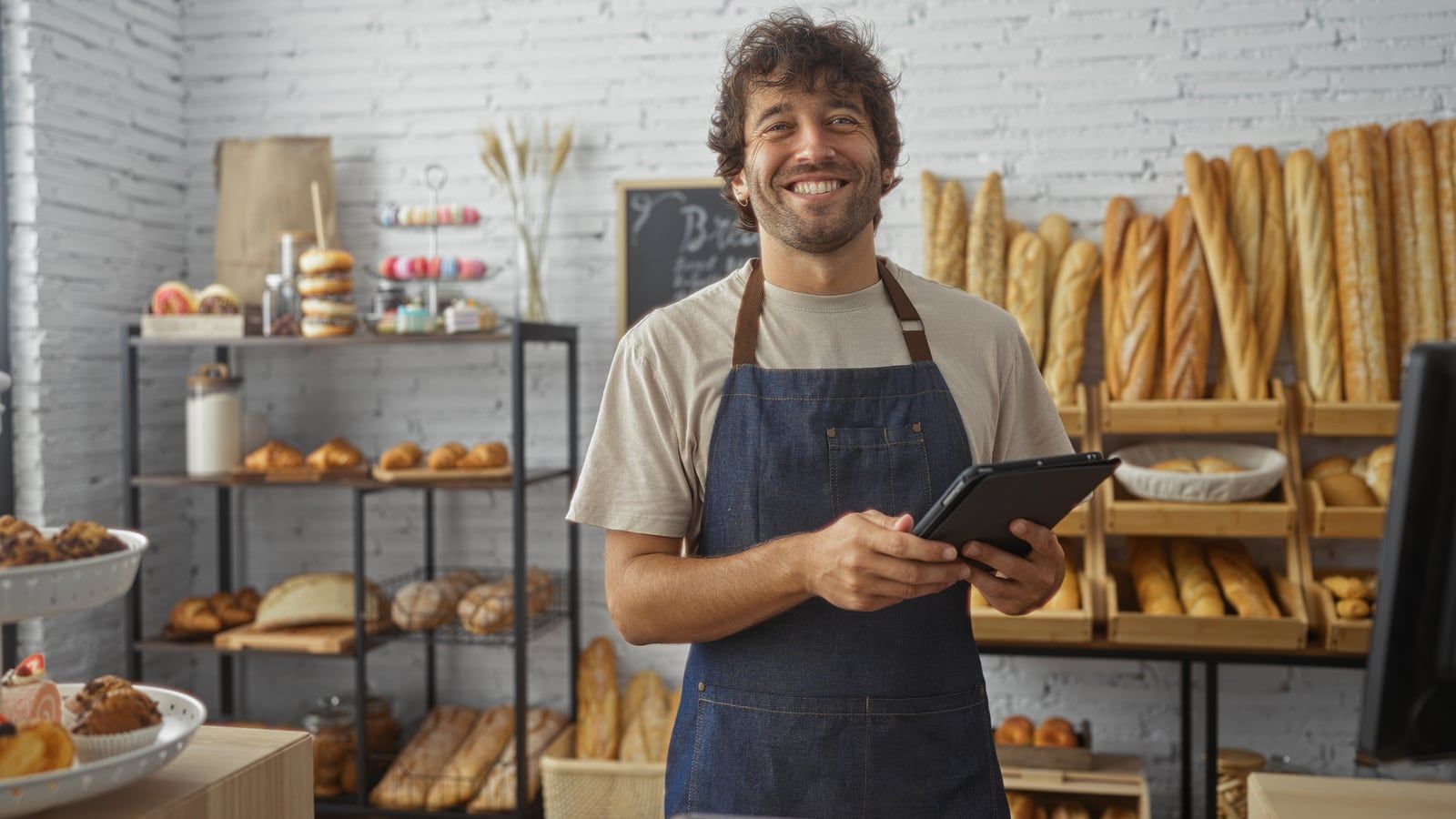 Lächelnder Bäcker mit Schürze und Tablet in einer Bäckerei, im Hintergrund Regale mit Baguettes und Gebäck