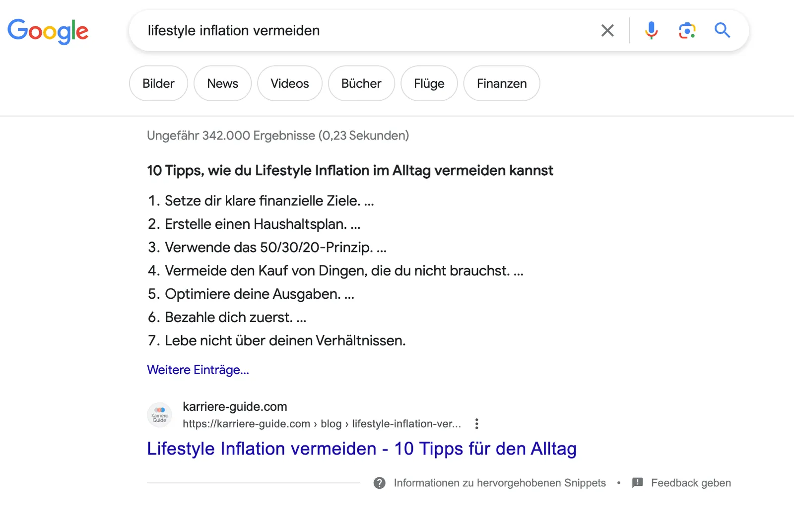 Suchergebnis bei Google mit hervorgehobenem Snippet auf Platz 1