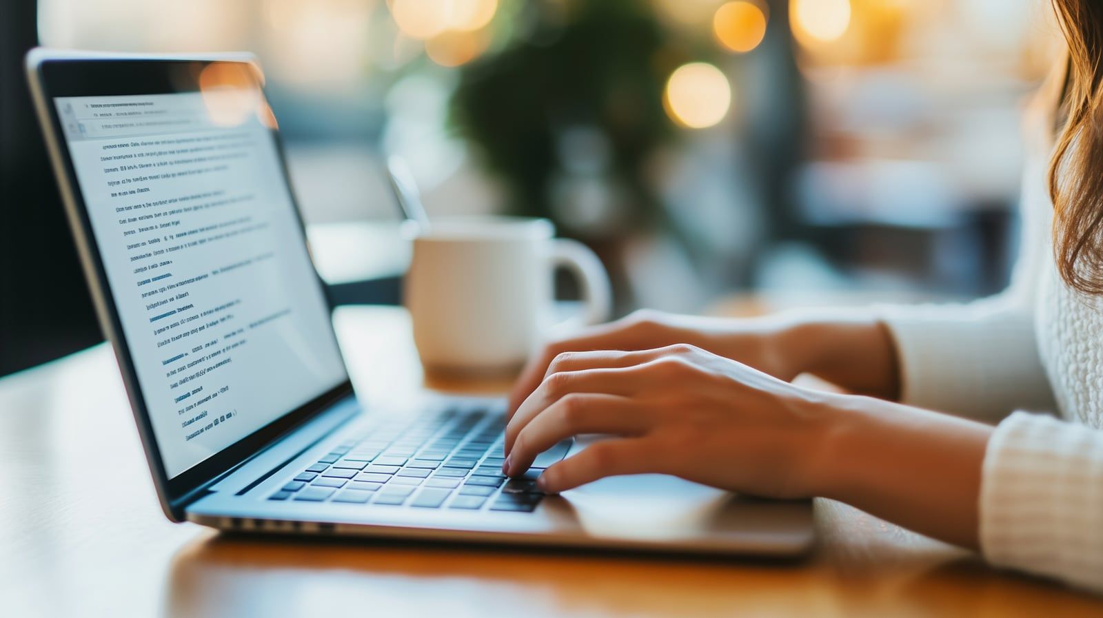 Hände tippen auf der Tastatur eines Laptops, daneben eine weiße Kaffeetasse auf einem Holztisch