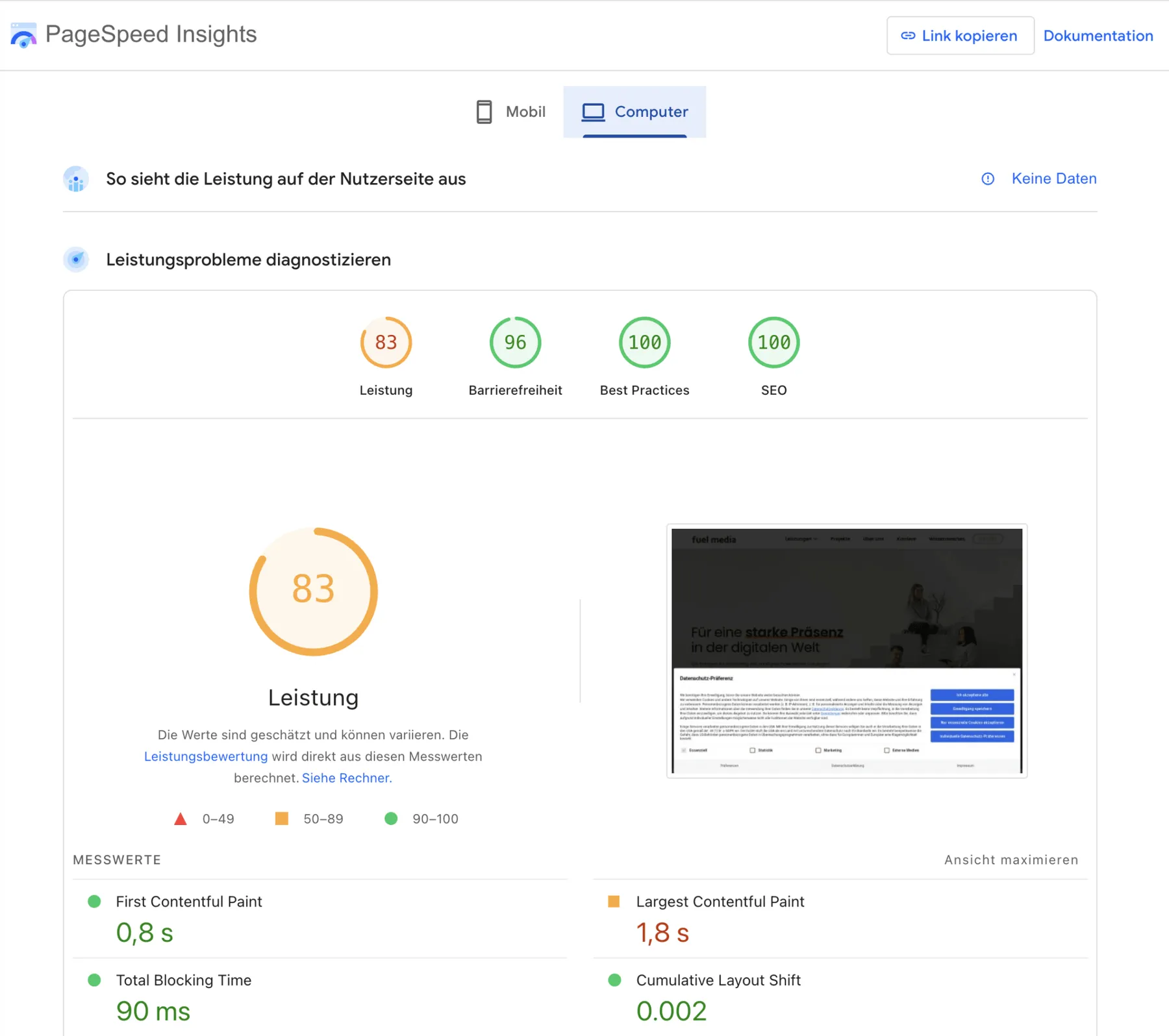 Auswertung in Google PageSpeed Insights mit Werten für Leistung, Barrierefreiheit, Best Practices und SEO sowie Messwerten wie Largest Contentful Paint und Cumulative Layout Shift