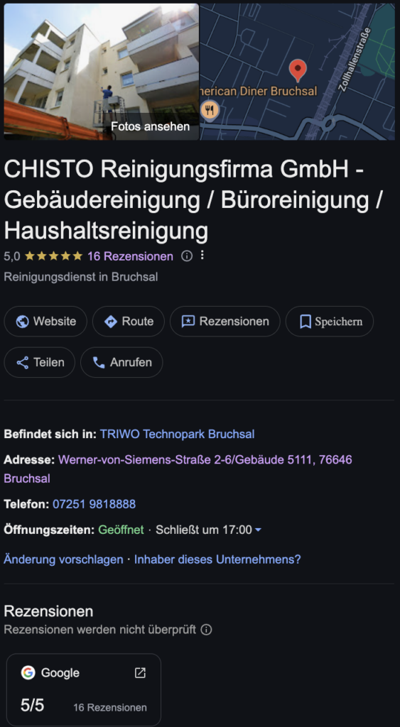 Marketing für Gebäudereinigung: So wird dein Reinigungsunternehmen online sichtbar 1 Beispiel für ein vollständiges Google-My-Business-Profils eines Reinigungsunternehmens